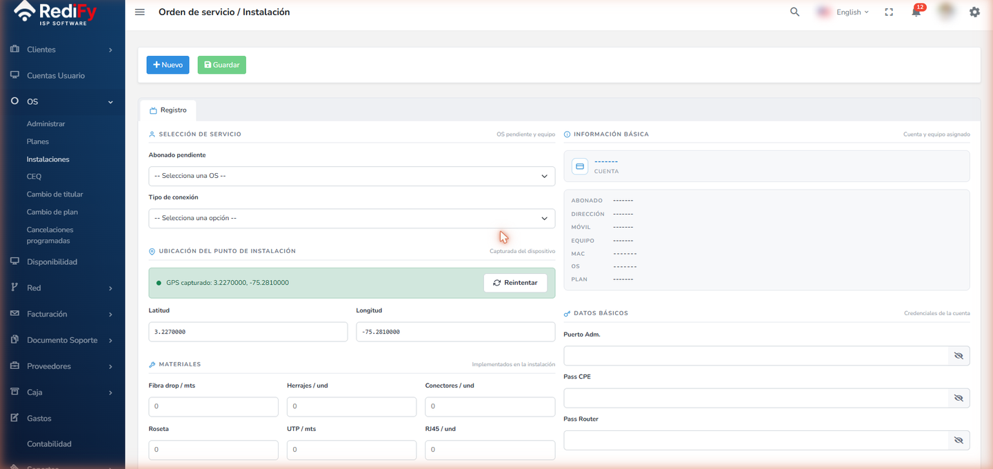 Instalación en RediFy — captura de GPS del punto de instalación, materiales y equipo asignado
